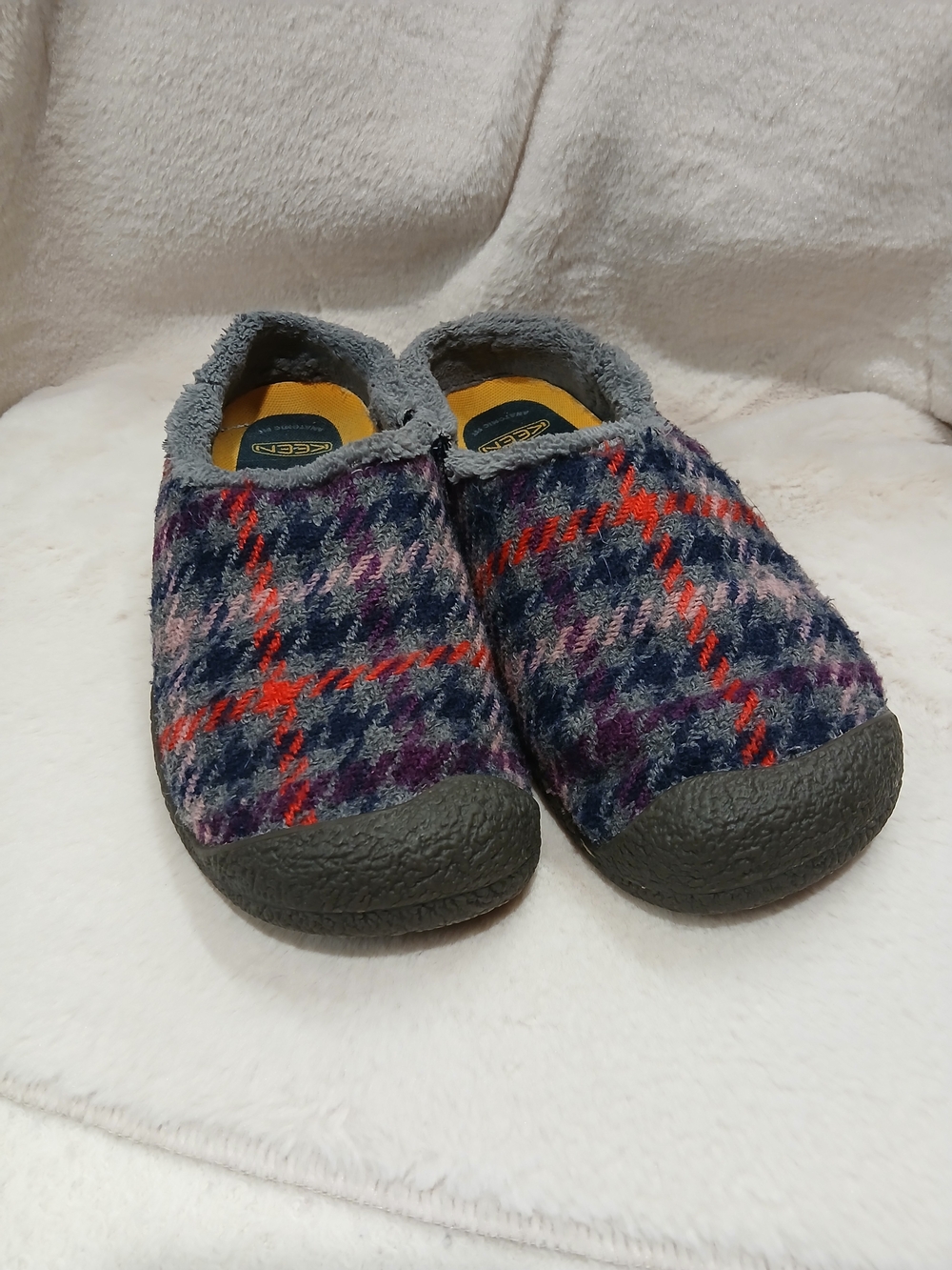 Keen Howser Knit Plaid Slip-On Mules - Navy, Purple & Red Accent Sz 8.5